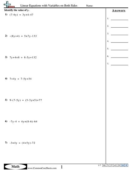 8.ee.7b Worksheets - Linear Equations with Variables on Both Sides worksheet